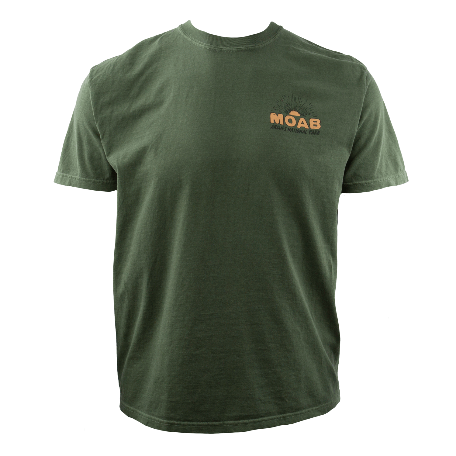 Moab t shirt in sage with a bold Delicate Arch and desert sunrise