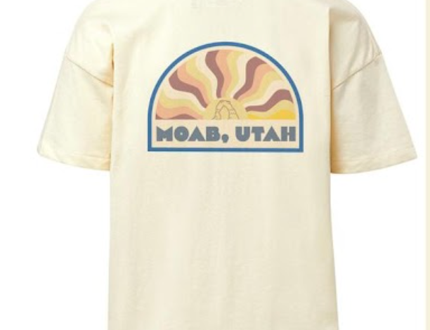 Vanilla ladies Moab tee with a retro sunburst arch badge printed on the back