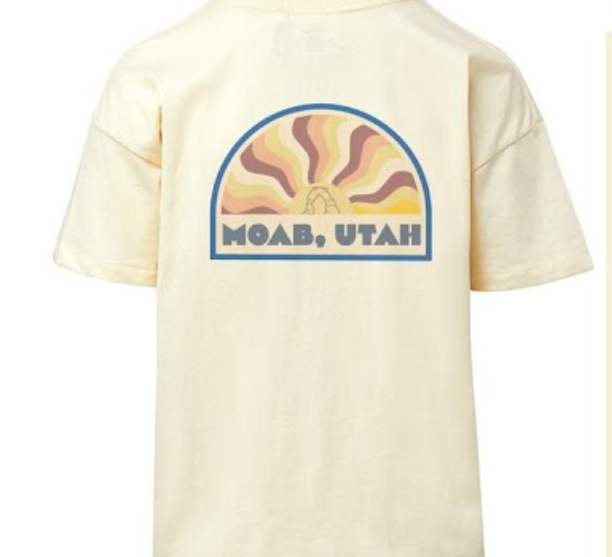 Vanilla ladies Moab tee with a retro sunburst arch badge printed on the back