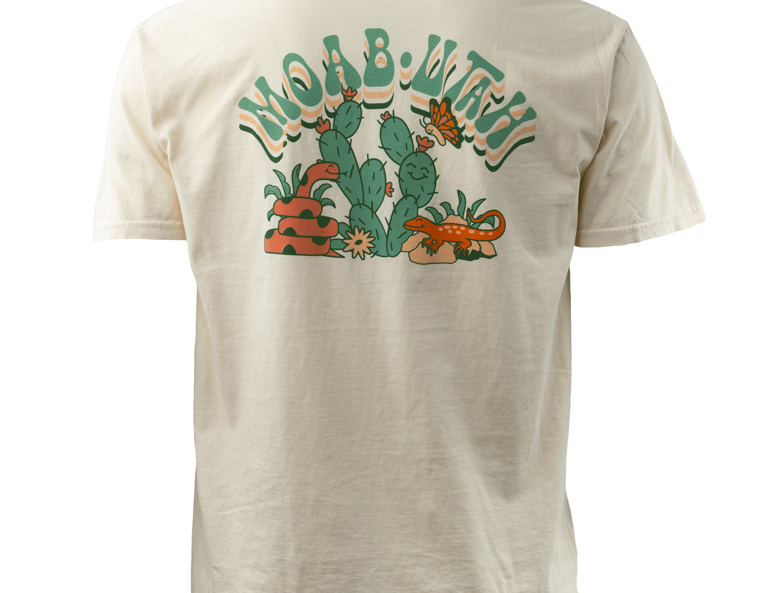 Retro Moab t shirt in ivory with cacti, a butterfly, a snake and a lizard, second view