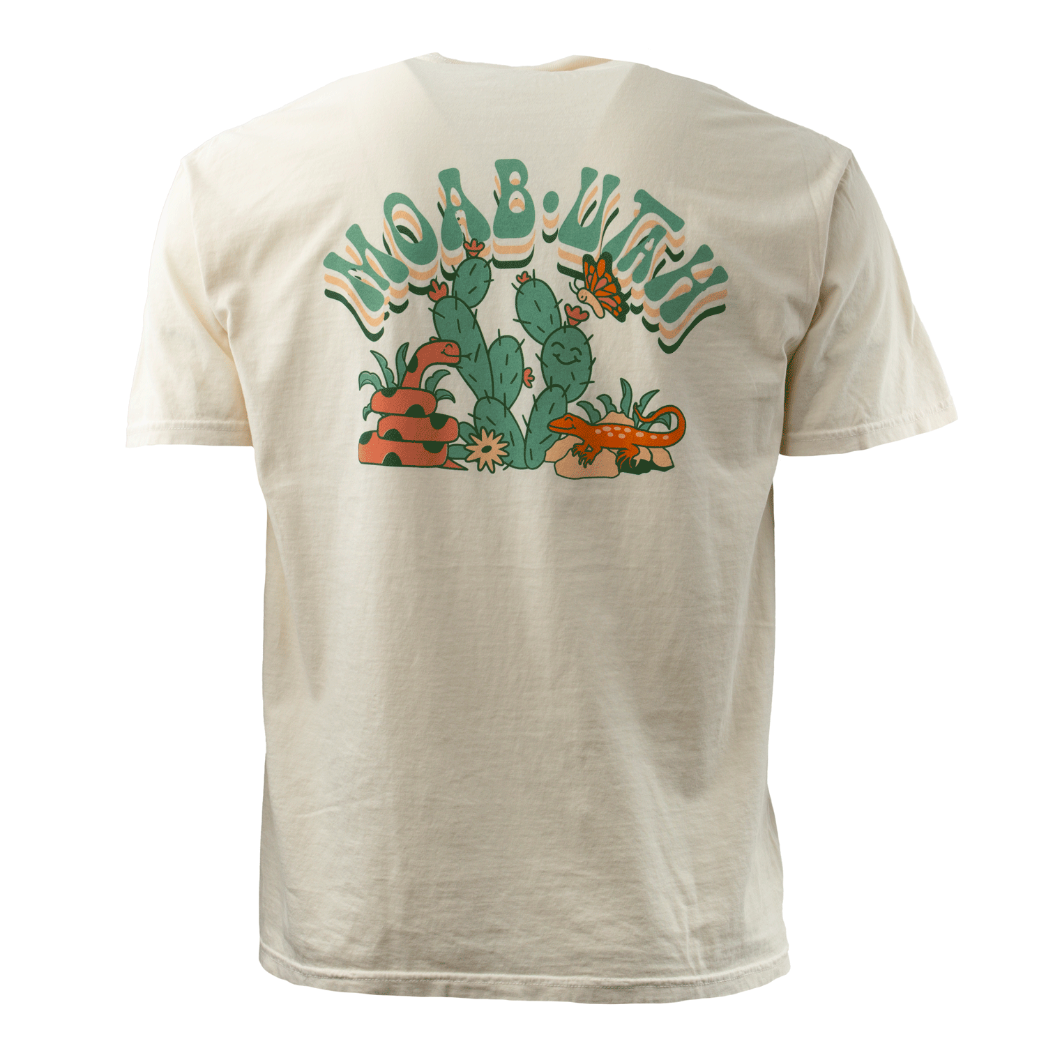 Retro Moab t shirt in ivory with cacti, a butterfly, a snake and a lizard, second view