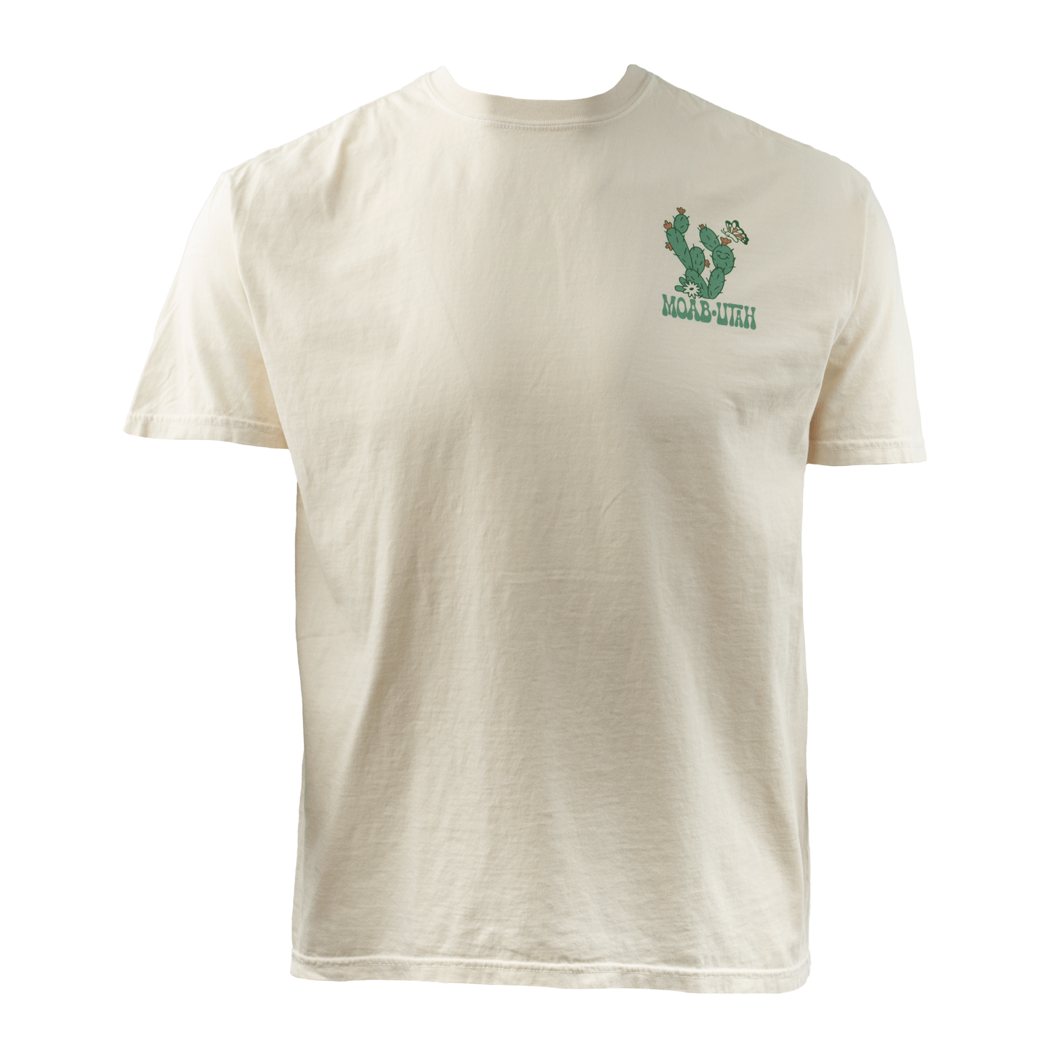 Retro Moab t shirt in ivory with cacti, a butterfly, a snake and a lizard