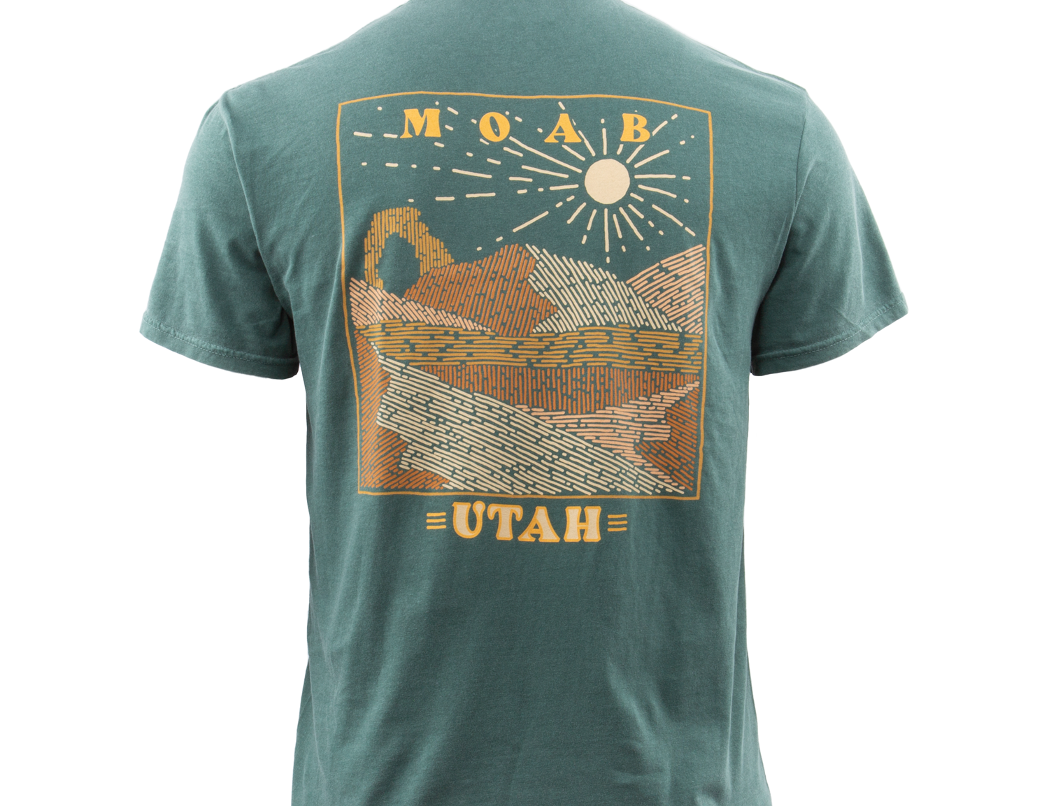 Moab t shirt in blue spruce with retro lettering over cacti, a snake and a lizard, second view