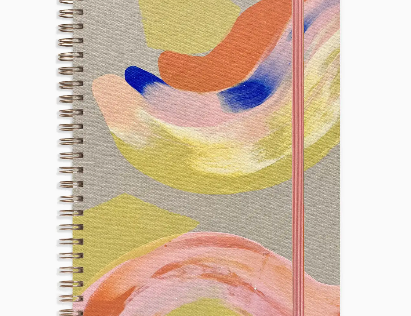 Moglea Citron Medium A5 Notebook, a spiral notebook with a hand-painted pink, yellow and blue brushstroke cover