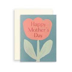 Moglea Daisy Mom Card, a teal card with a painted coral tulip reading Happy Mother's Day, with cream envelope