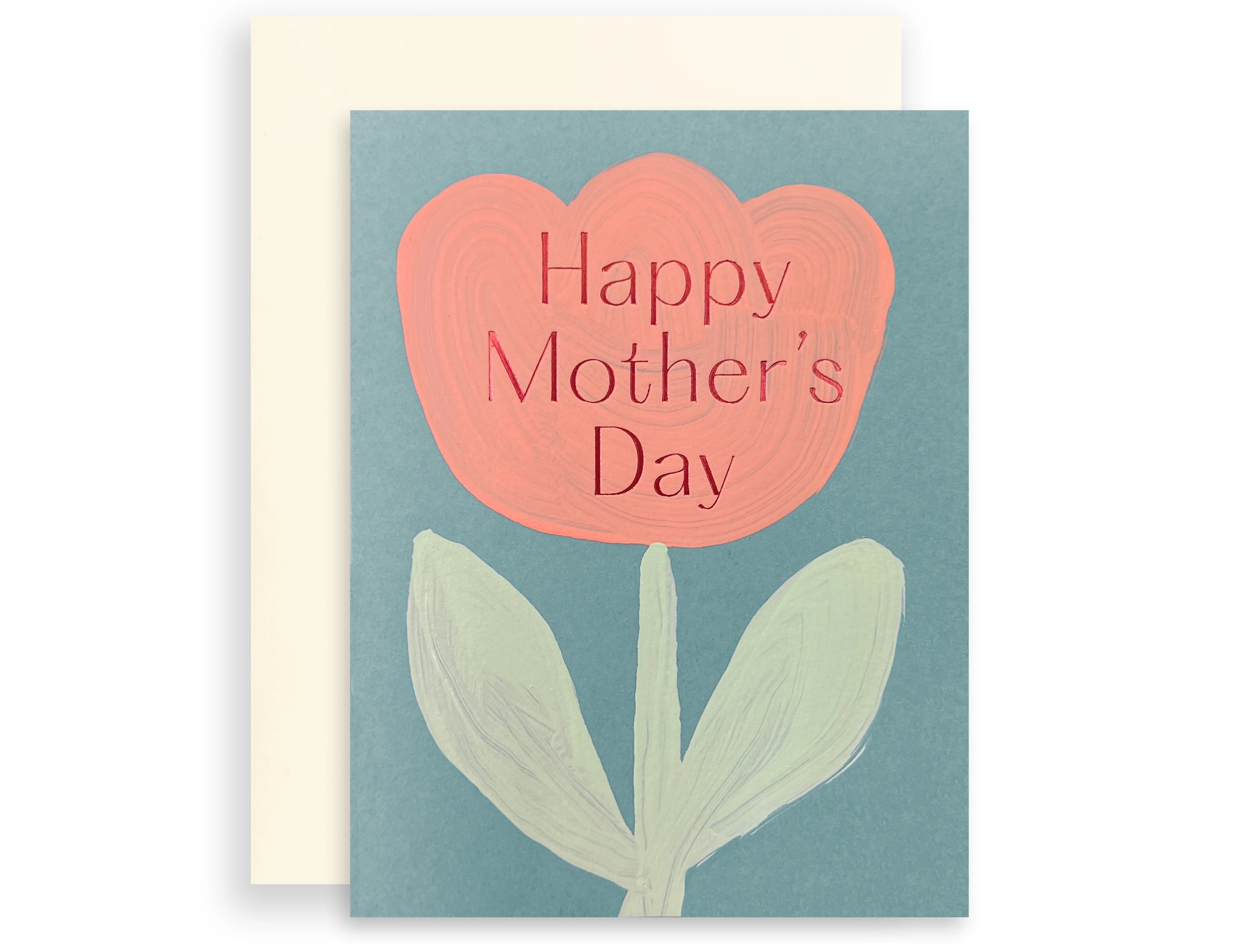 Moglea Daisy Mom Card, a teal card with a painted coral tulip reading Happy Mother's Day, with cream envelope