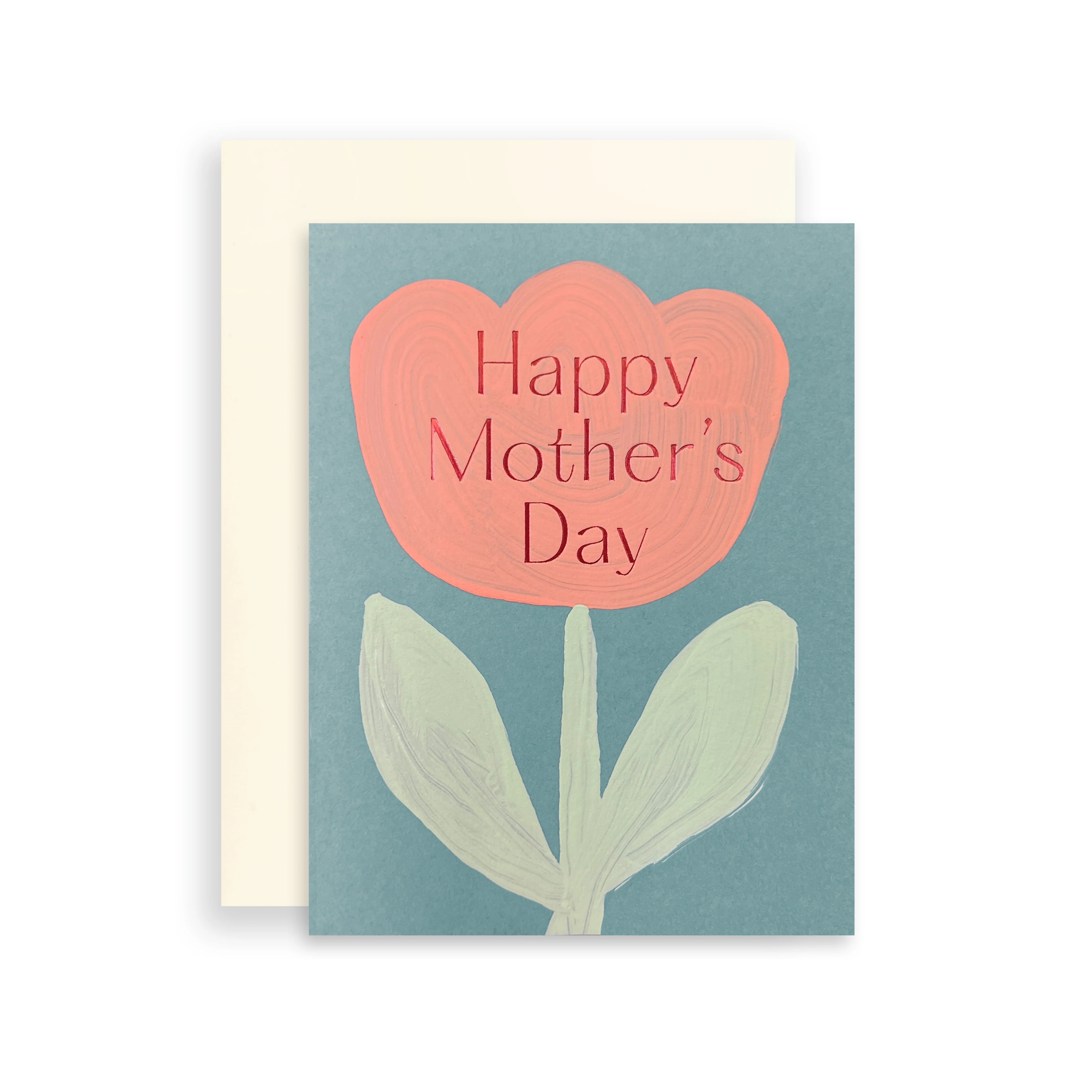 Moglea Daisy Mom Card, a teal card with a painted coral tulip reading Happy Mother's Day, with cream envelope