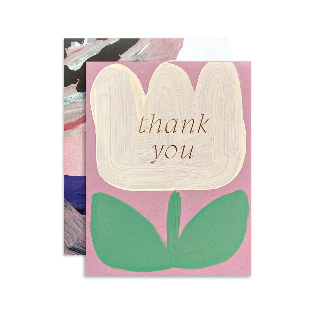 Moglea Daisy Thank You Card, a mauve card with a painted cream tulip reading thank you