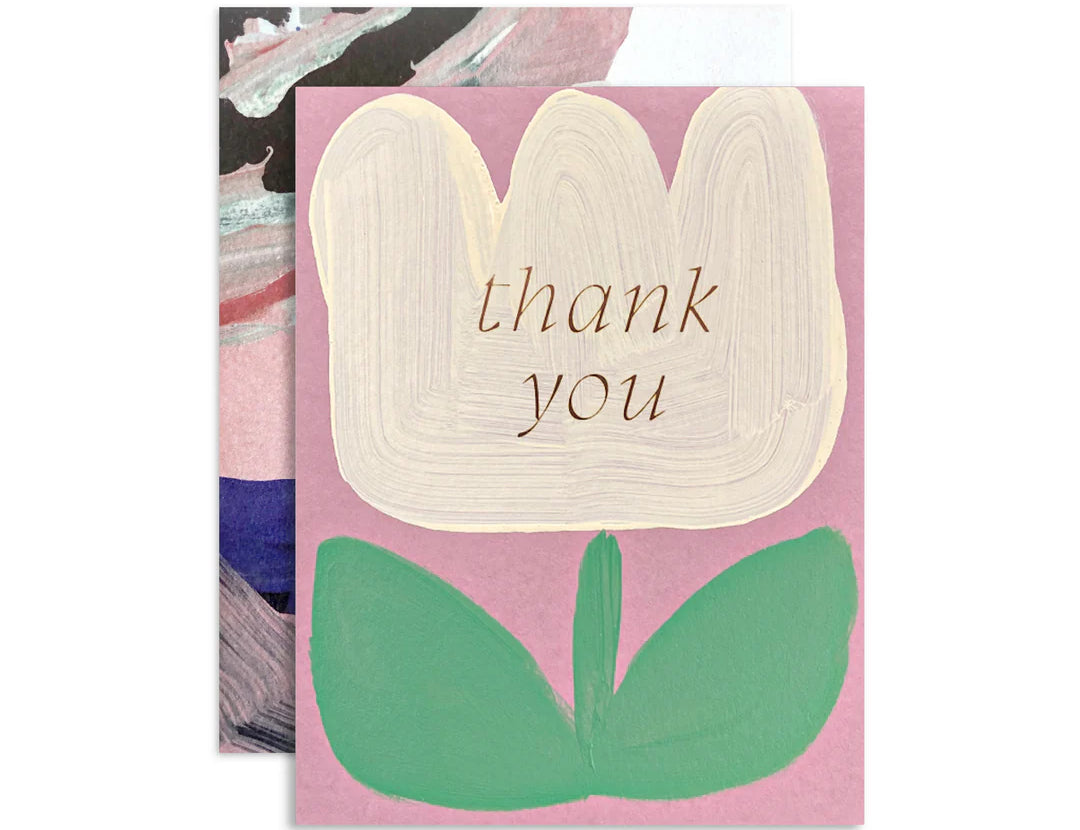 Moglea Daisy Thank You Card, a mauve card with a painted cream tulip reading thank you