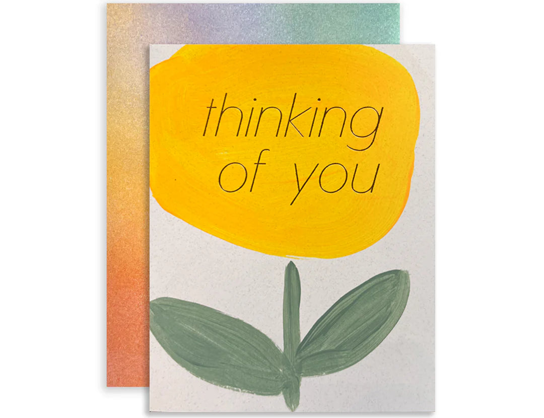 Moglea Flower Thinking Card, a card with a yellow painted flower reading thinking of you, with gray envelope