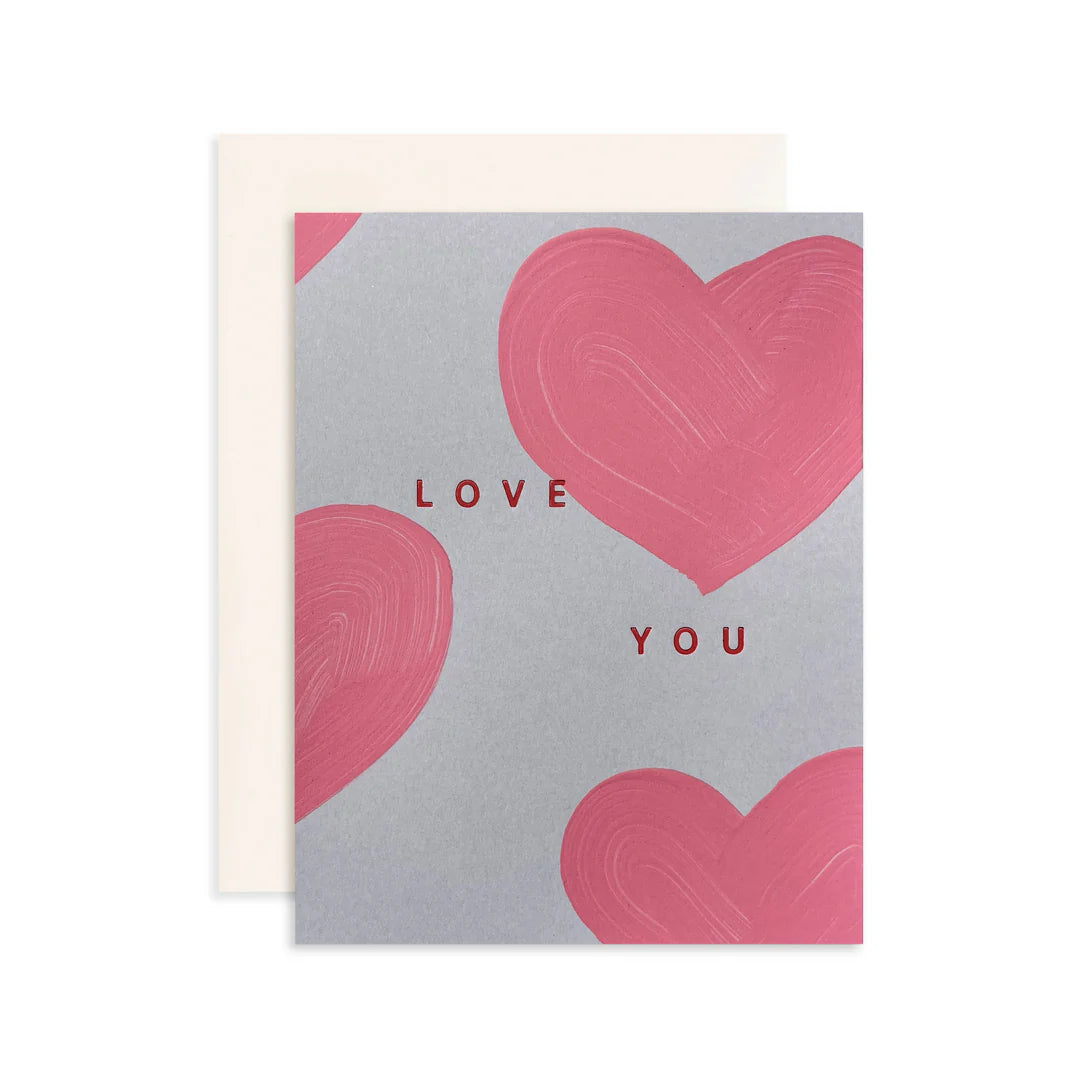 Moglea Heart Love Card, a gray card with painted pink hearts reading Love You, with cream envelope