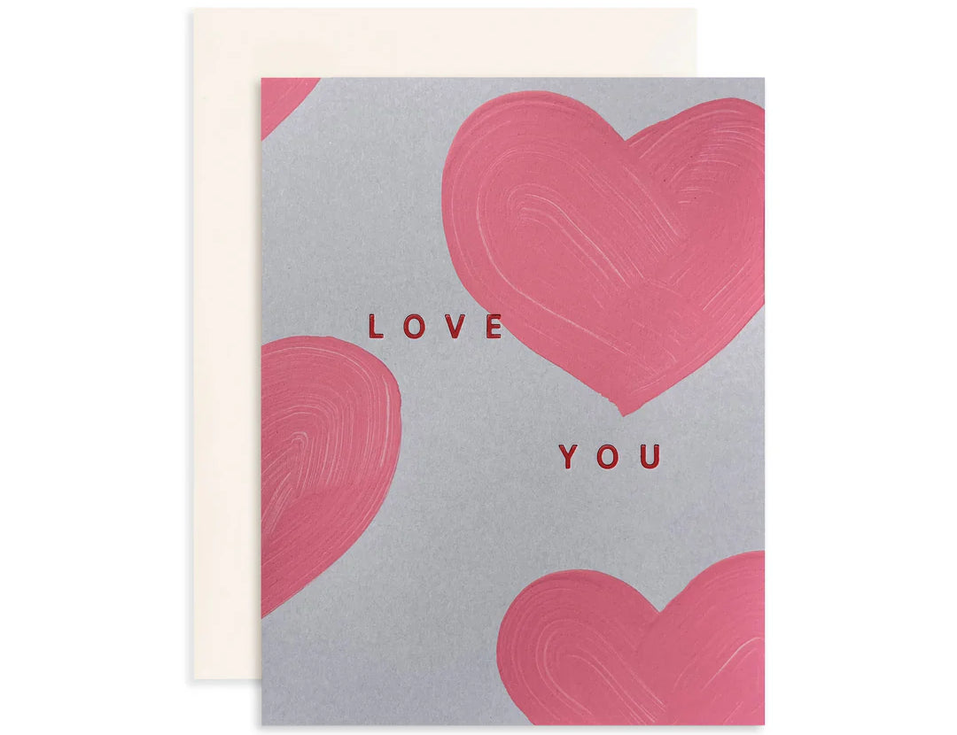 Moglea Heart Love Card, a gray card with painted pink hearts reading Love You, with cream envelope