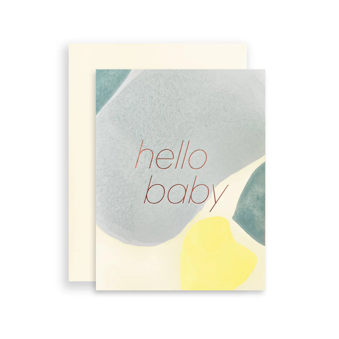 Moglea Hello Little One card, a painted sage and yellow card reading hello baby, with cream envelope