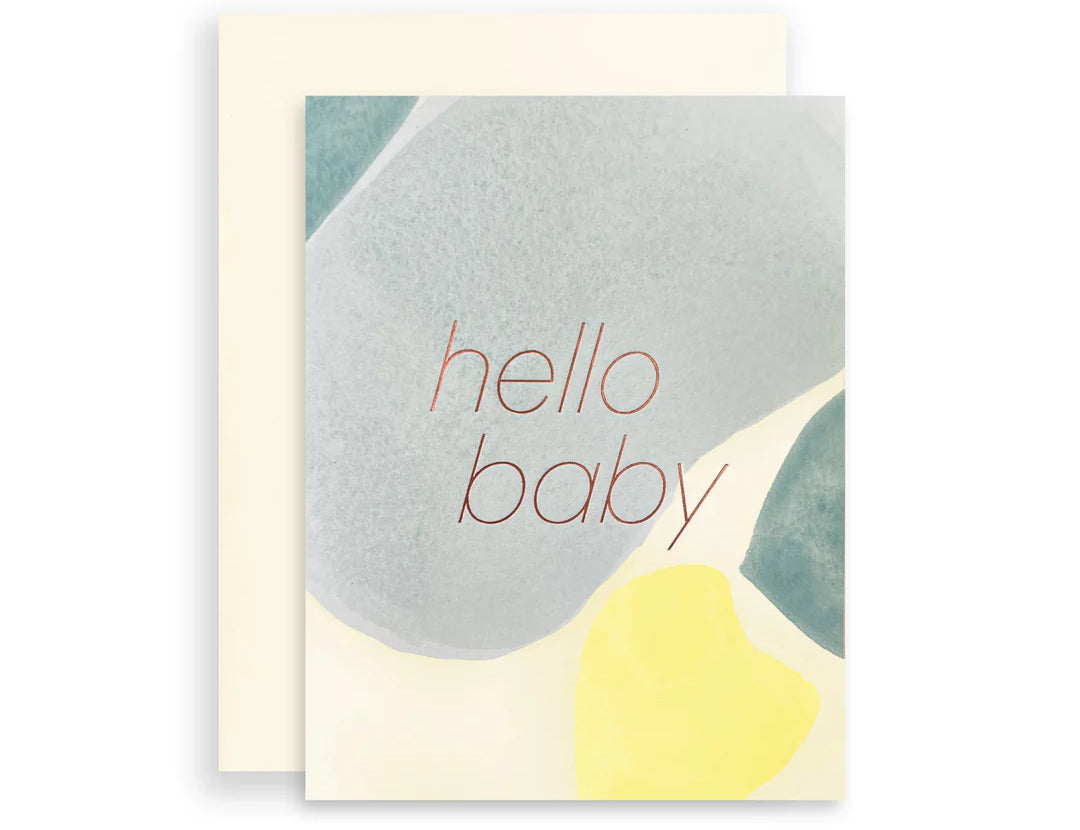 Moglea Hello Little One card, a painted sage and yellow card reading hello baby, with cream envelope