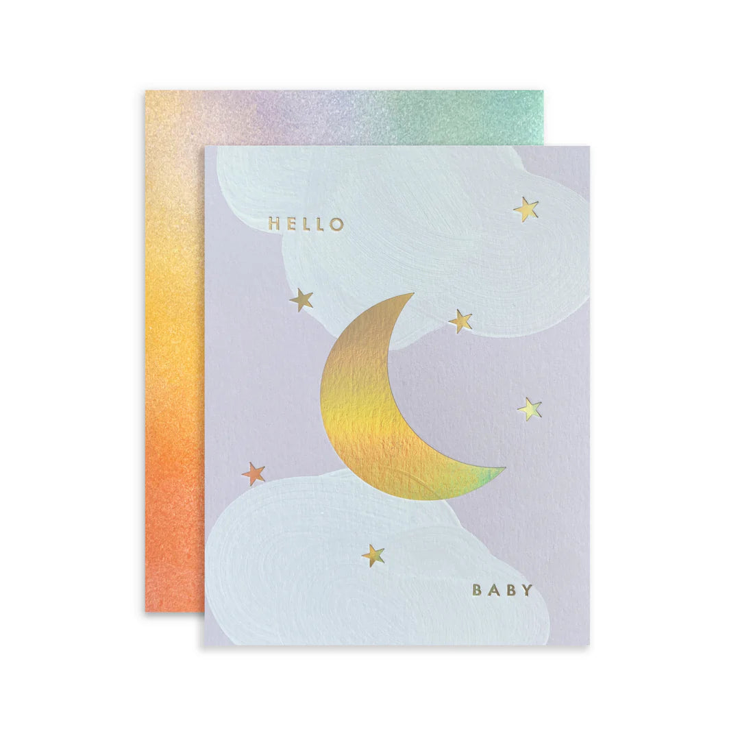 Moglea Moon Baby Card, a lavender card with a gold foil moon reading Hello Baby, with an iridescent envelope