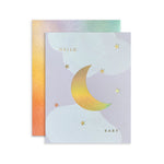 Moglea Moon Baby Card, a lavender card with a gold foil moon reading Hello Baby, with an iridescent envelope