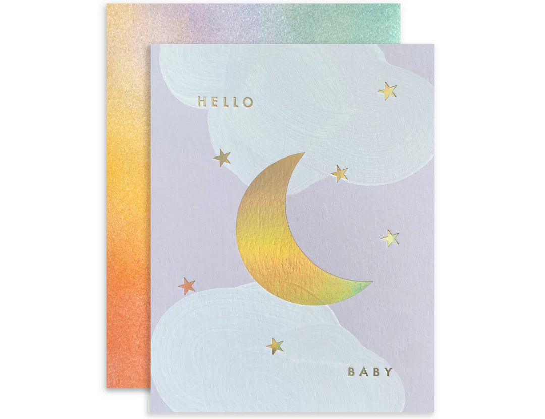 Moglea Moon Baby Card, a lavender card with a gold foil moon reading Hello Baby, with an iridescent envelope