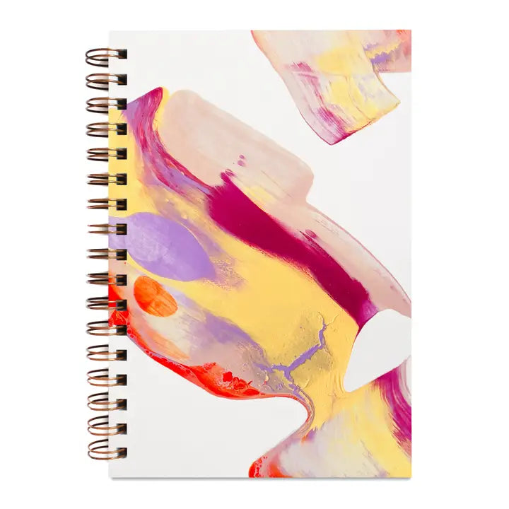 Moglea Painted Notebook in Beam, a spiral notebook with a magenta, yellow and purple brushstroke cover