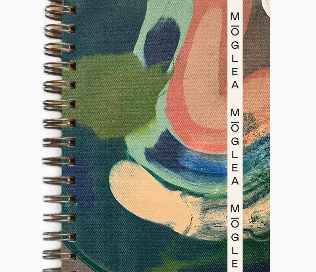 Moglea Sedona Small A6 Notebook, a spiral notebook with a hand-painted green, peach and navy abstract cover