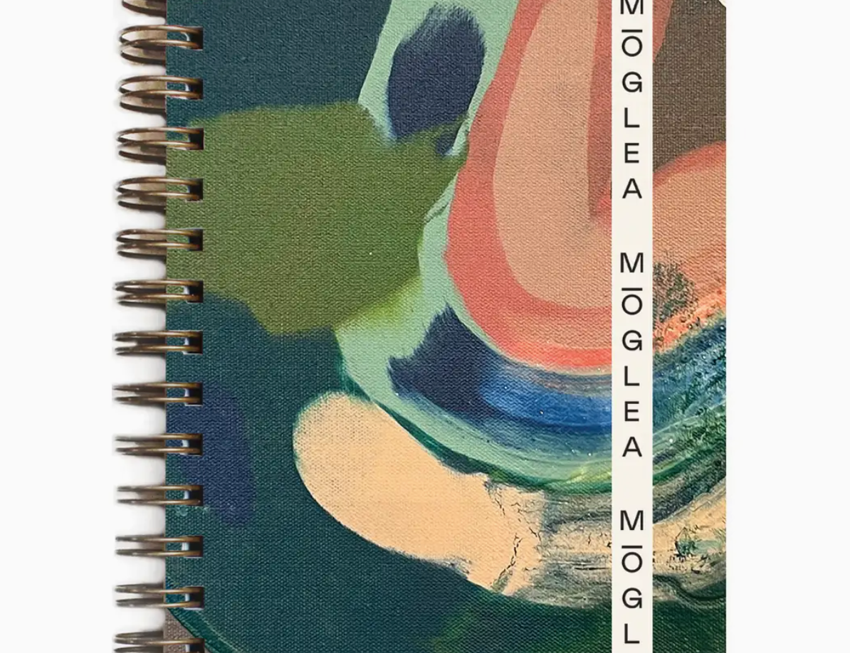 Moglea Sedona Small A6 Notebook, a spiral notebook with a hand-painted green, peach and navy abstract cover