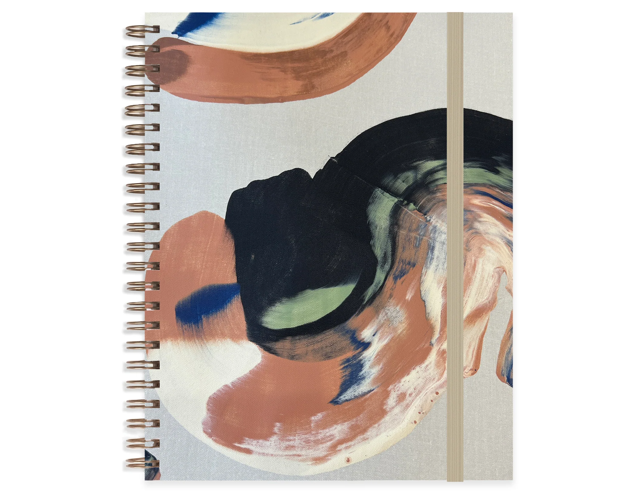 Moglea Swan Medium A5 Notebook, a spiral notebook with a hand-painted abstract cover in coral, navy and cream