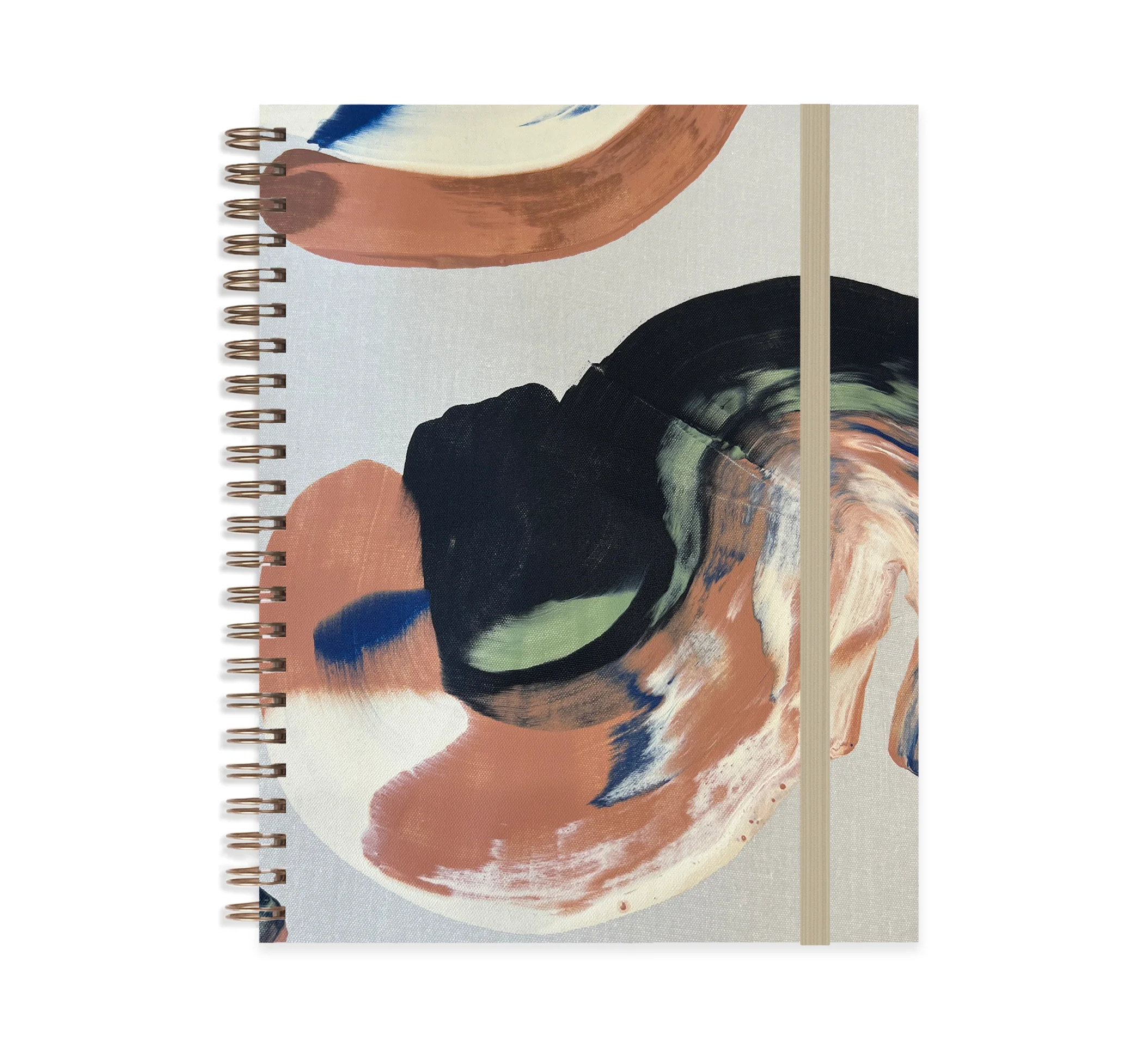 Moglea Swan Medium A5 Notebook, a spiral notebook with a hand-painted abstract cover in coral, navy and cream