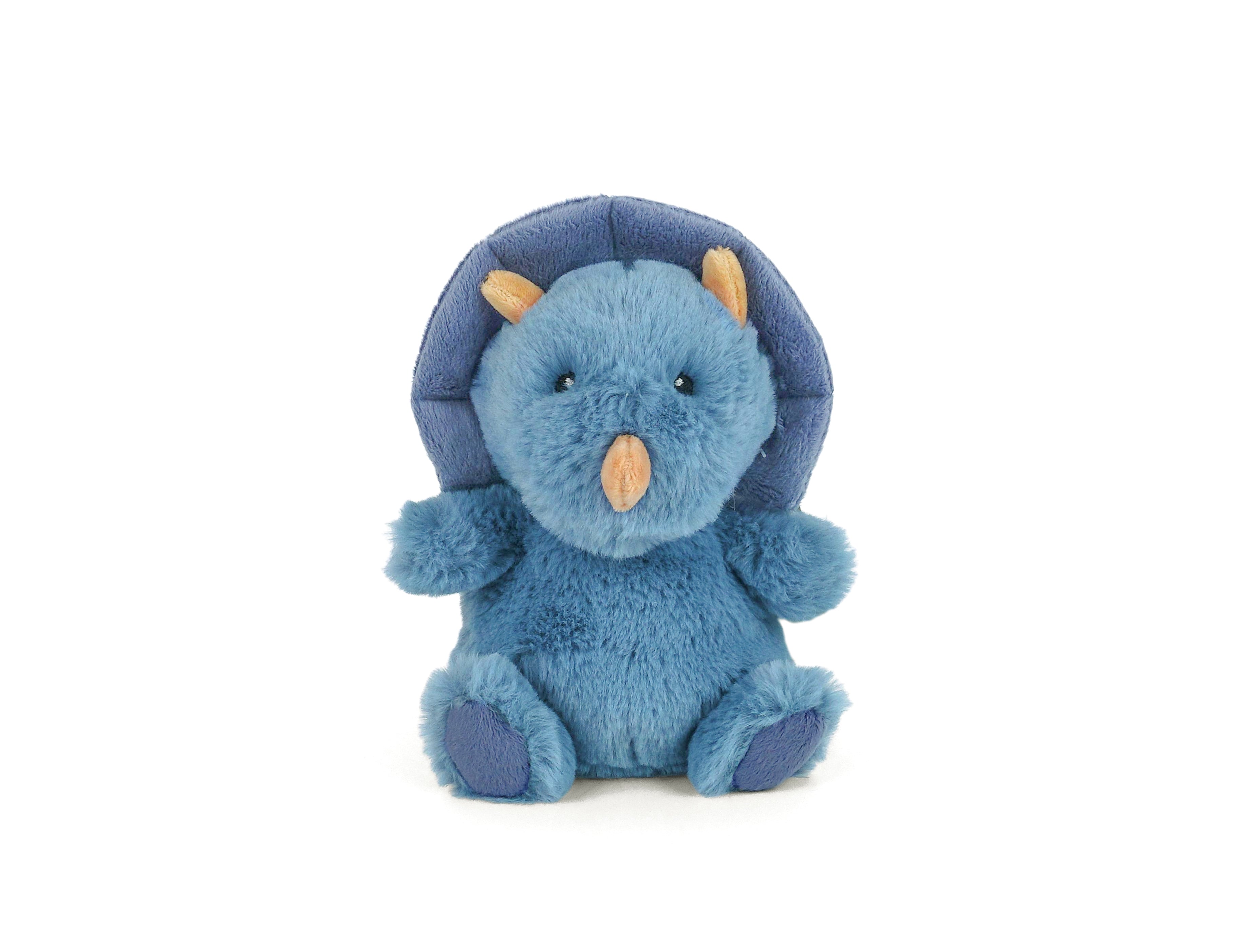 Mon Ami Blu Petit Dino Plush, a small fuzzy blue triceratops stuffed animal with tan horns