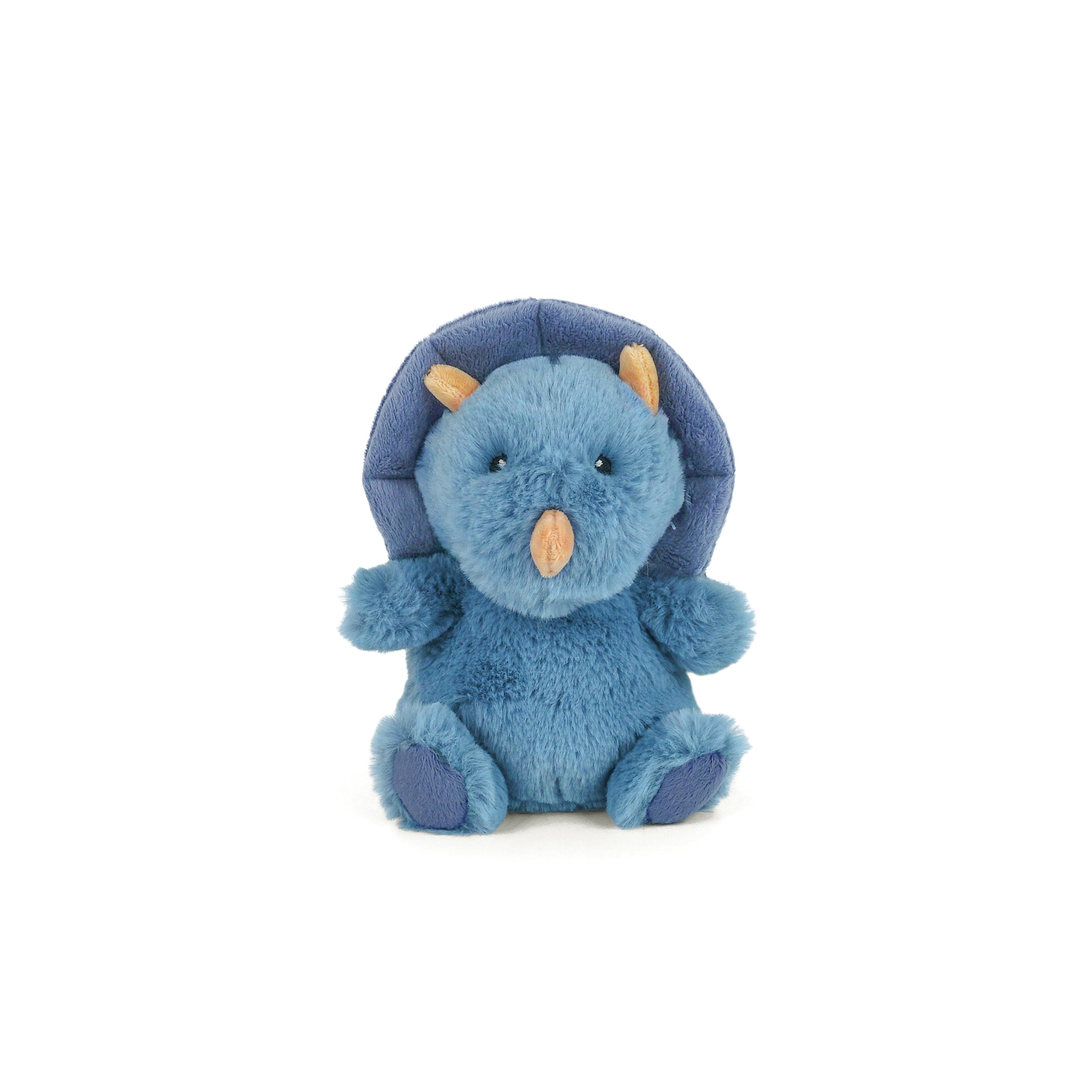 Mon Ami Blu Petit Dino Plush, a small fuzzy blue triceratops stuffed animal with tan horns