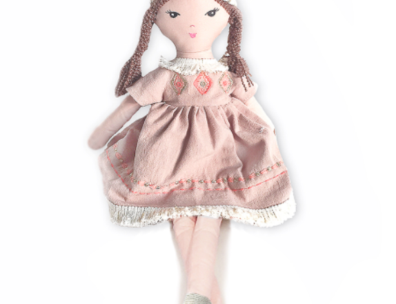 Mon Ami Boho Princess Doll in Ruthie, a light-skinned doll with braids in a blush dress and beaded headband