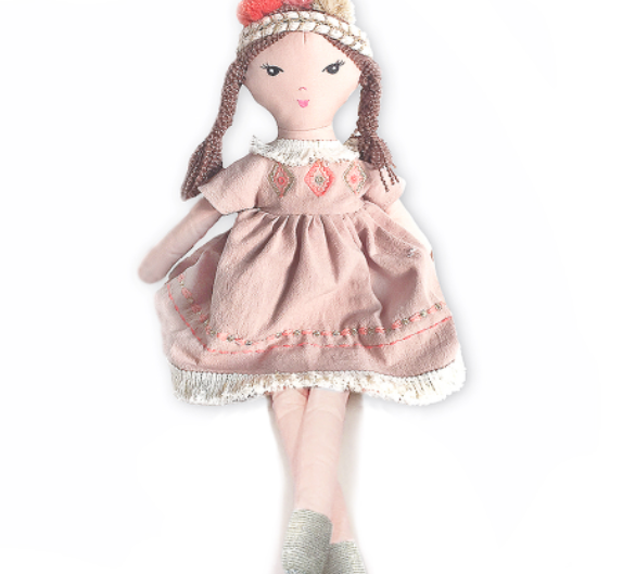 Mon Ami Boho Princess Doll in Ruthie, a light-skinned doll with braids in a blush dress and beaded headband
