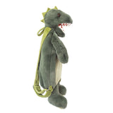Mon Ami Bruno T-Rex Backpack, back view showing the green shoulder straps