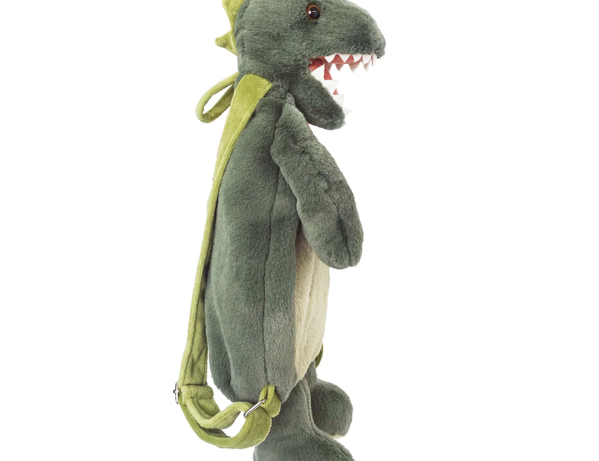 Mon Ami Bruno T-Rex Backpack, back view showing the green shoulder straps
