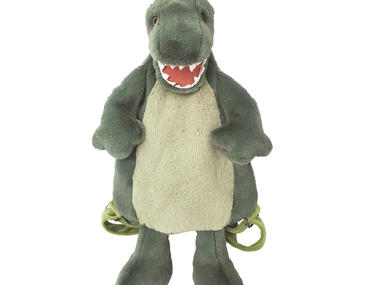 Mon Ami Bruno T-Rex Backpack, a dark green plush dinosaur backpack, front view
