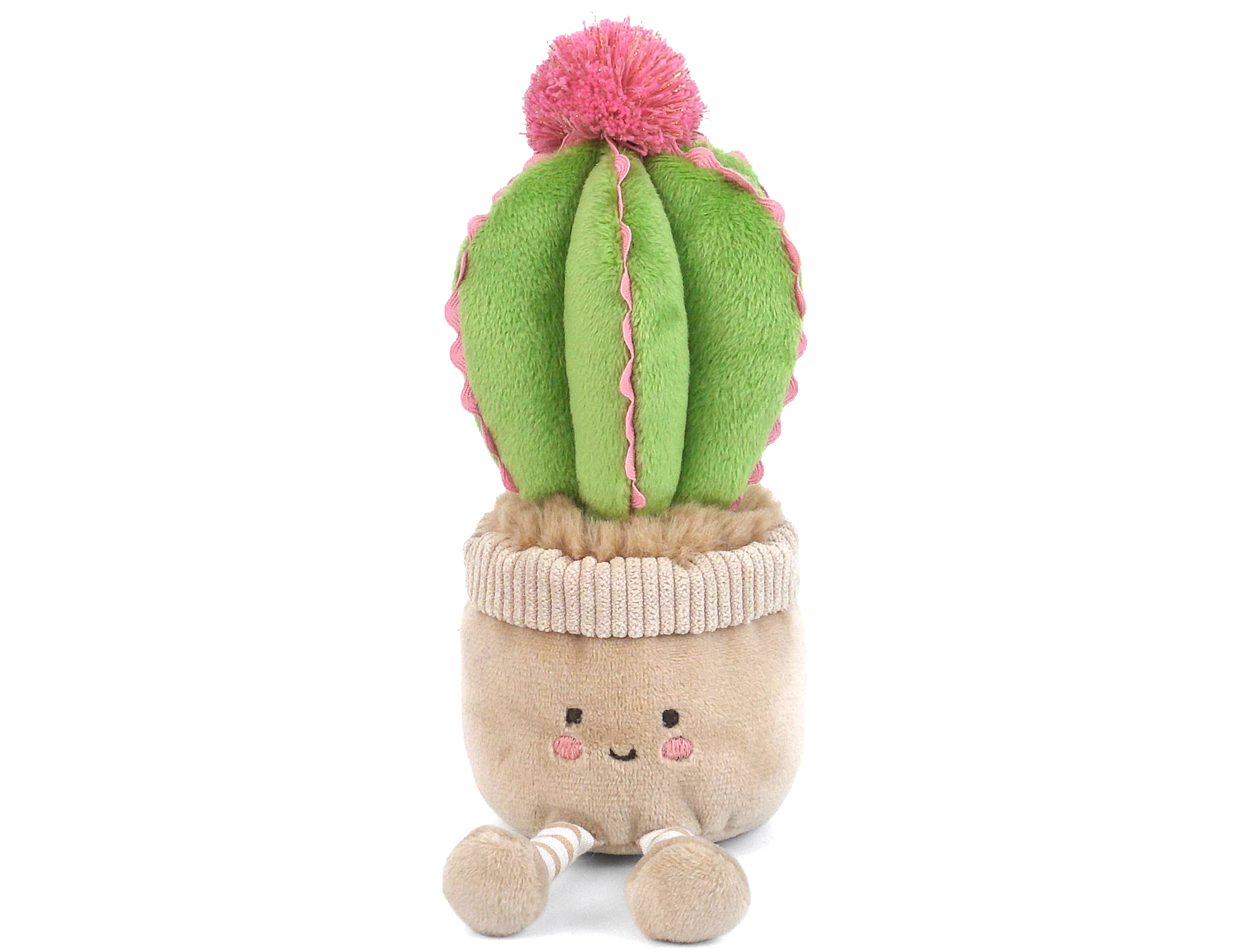 Mon Ami Cactus Cutie Plush, a green plush cactus with a pink flower in a smiling tan pot