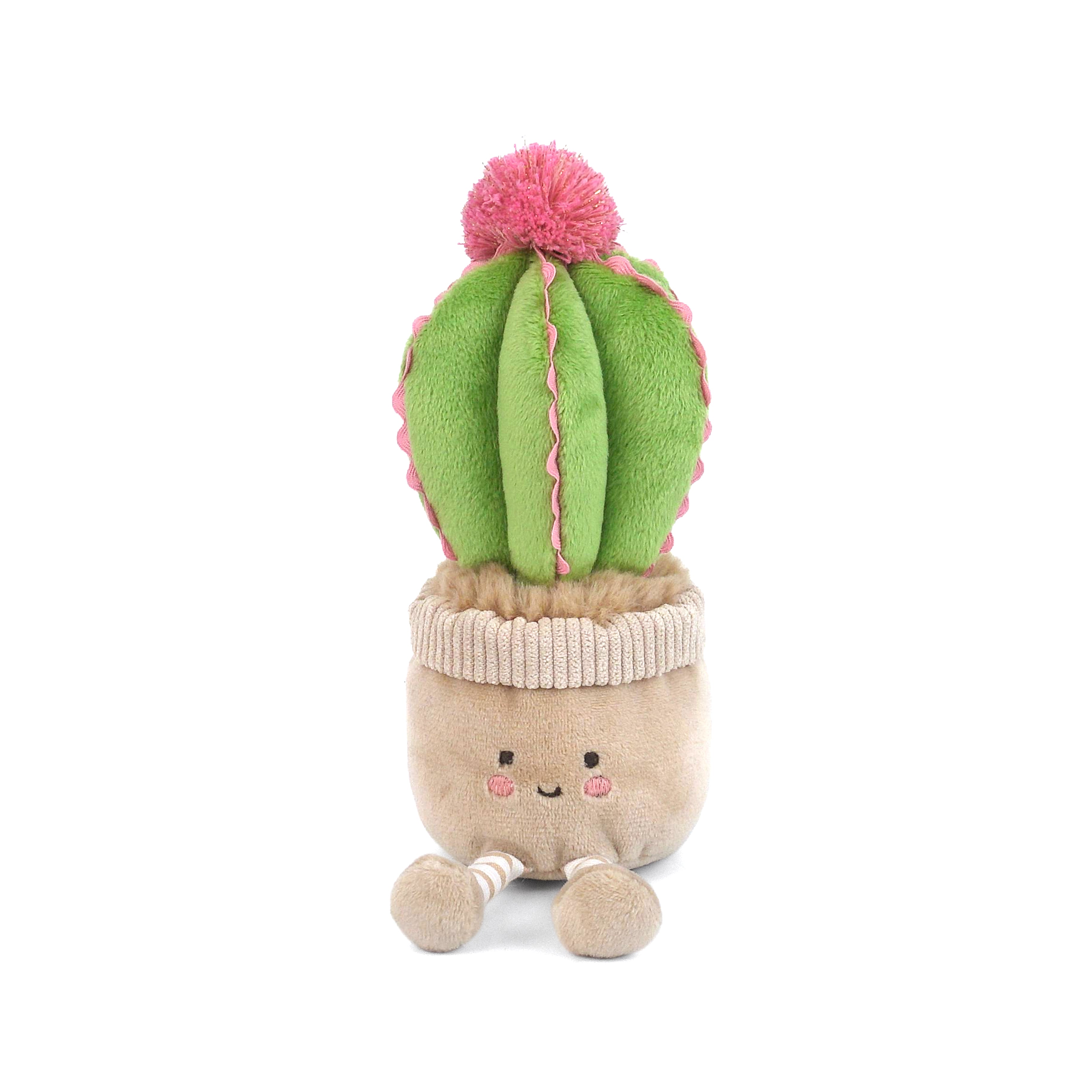 Mon Ami Cactus Cutie Plush, a green plush cactus with a pink flower in a smiling tan pot