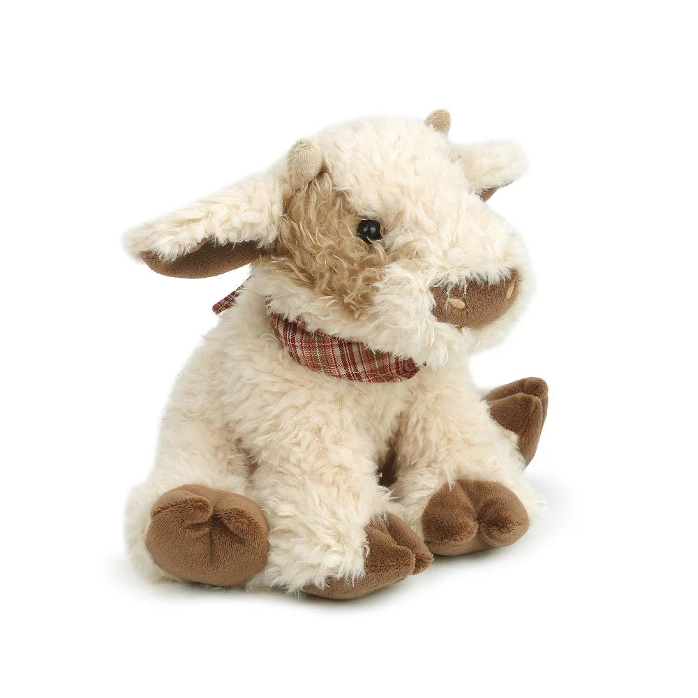 Mon Ami Caden Cow Plush lying down, angled view on white