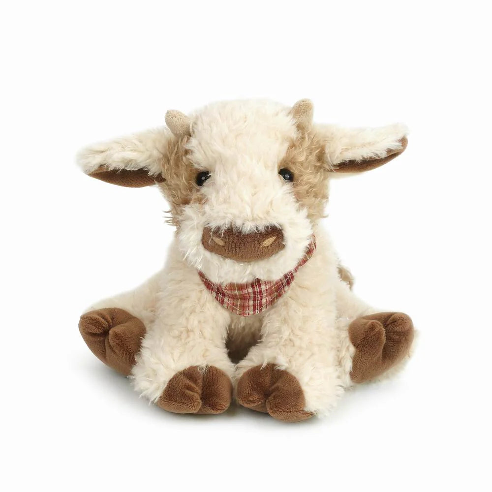 Mon Ami Caden Cow Plush, a fluffy cream stuffed cow with a plaid bandana and tan horns