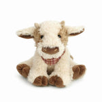 Mon Ami Caden Cow Plush, a fluffy cream stuffed cow with a plaid bandana and tan horns