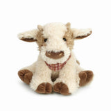 Mon Ami Caden Cow Plush, a fluffy cream stuffed cow with a plaid bandana and tan horns