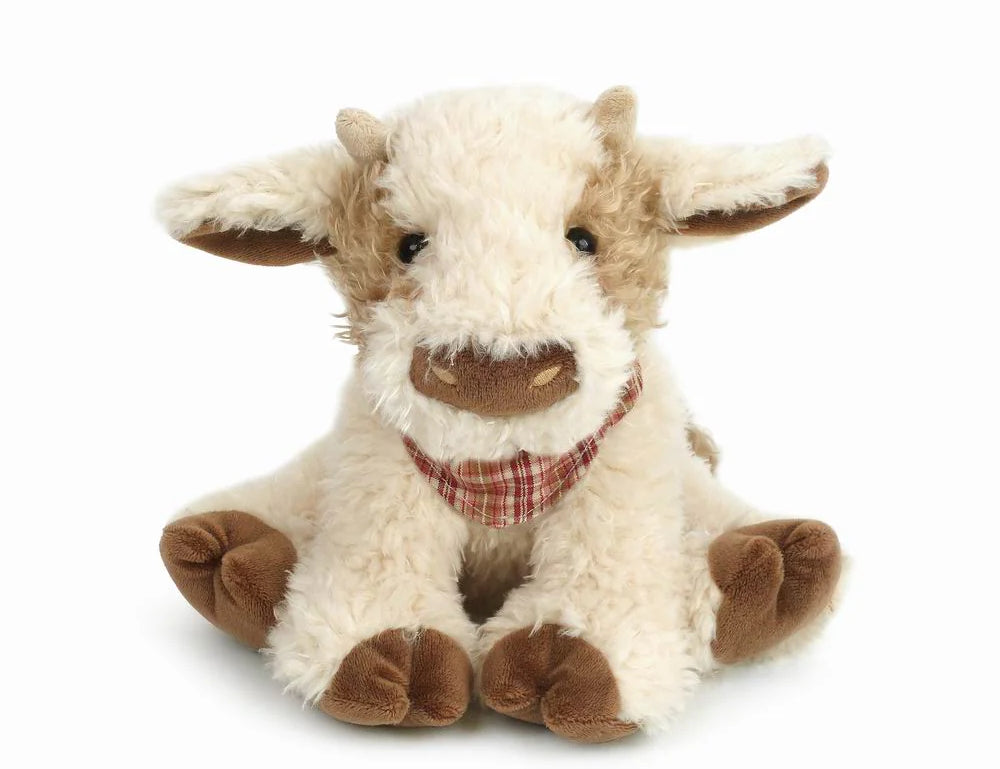 Mon Ami Caden Cow Plush, a fluffy cream stuffed cow with a plaid bandana and tan horns
