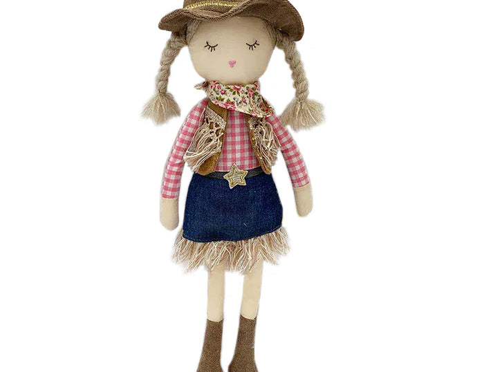 Mon Ami Clementine Cowgirl Doll with blonde braids, a brown hat, gingham shirt, denim skirt and boots