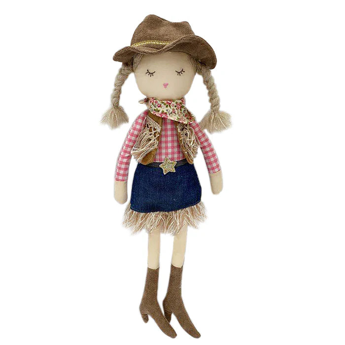 Mon Ami Clementine Cowgirl Doll with blonde braids, a brown hat, gingham shirt, denim skirt and boots