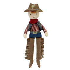 Mon Ami Cooper Cowboy Doll with a brown hat, red bandana, plaid shirt and fringed chaps