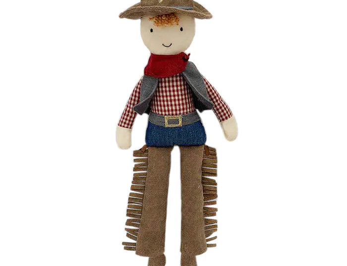 Mon Ami Cooper Cowboy Doll with a brown hat, red bandana, plaid shirt and fringed chaps