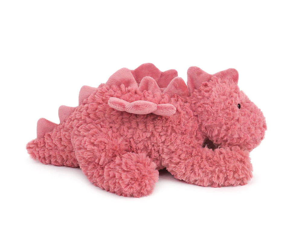 Mon Ami Daria Dragon pink boucle plush lying down, side view