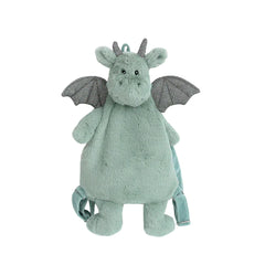 Mon Ami Dax Dragon Plush Backpack, a sage green plush dragon backpack with gray wings and horns