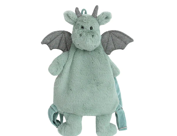 Mon Ami Dax Dragon Plush Backpack, a sage green plush dragon backpack with gray wings and horns