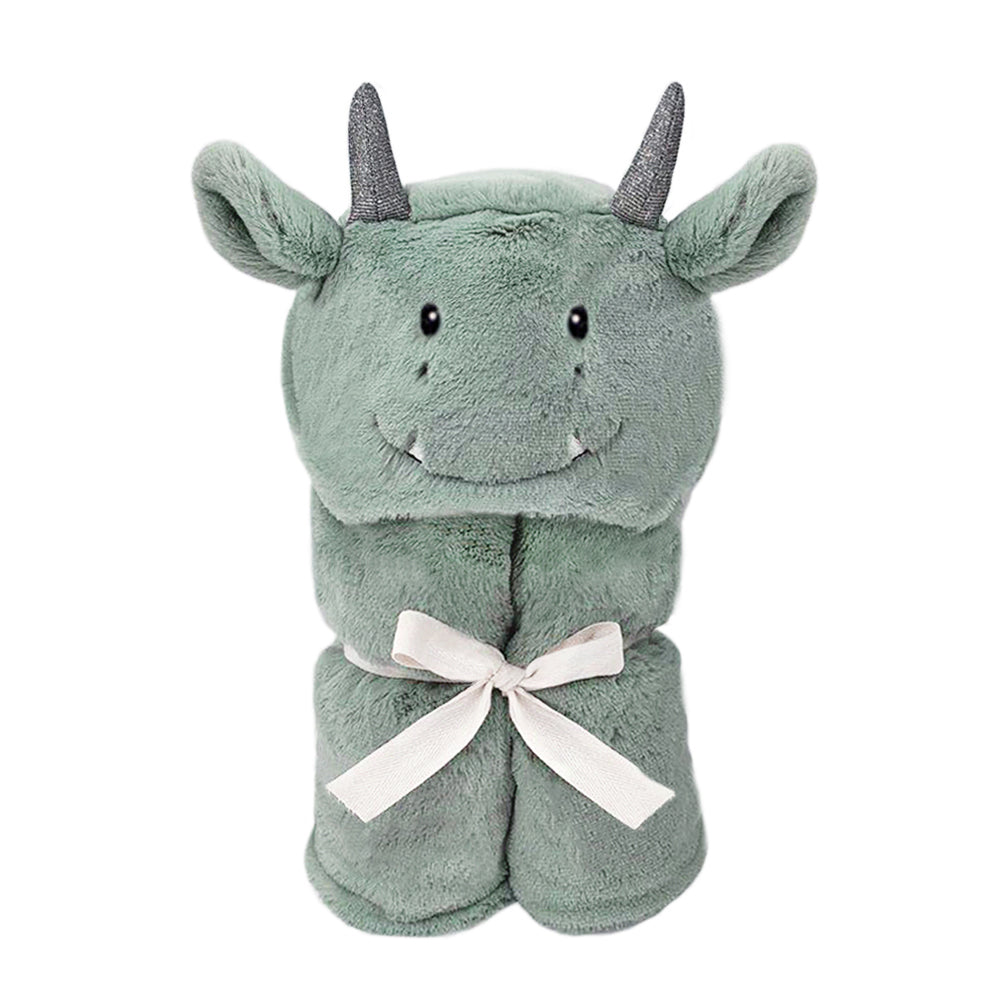 Mon Ami Dax Dragon Plush Blanket folded and tied with a white ribbon, showing the dragon face