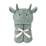 Mon Ami Dax Dragon Plush Blanket folded and tied with a white ribbon, showing the dragon face