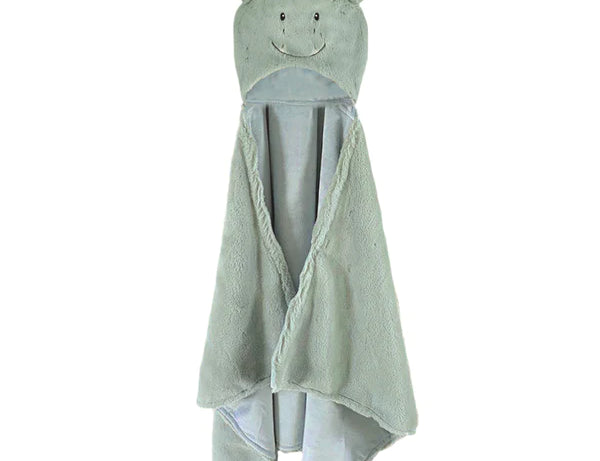 Mon Ami Dax Dragon Plush Blanket, a sage green hooded blanket with a dragon face and horns